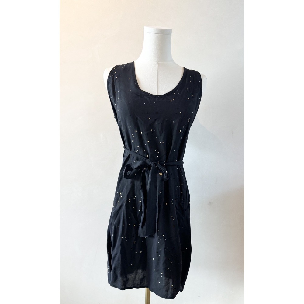 Tina Jo‎ Celestial Black and Gold Tie-Waist Cotton Mini Dress Women's Sz S